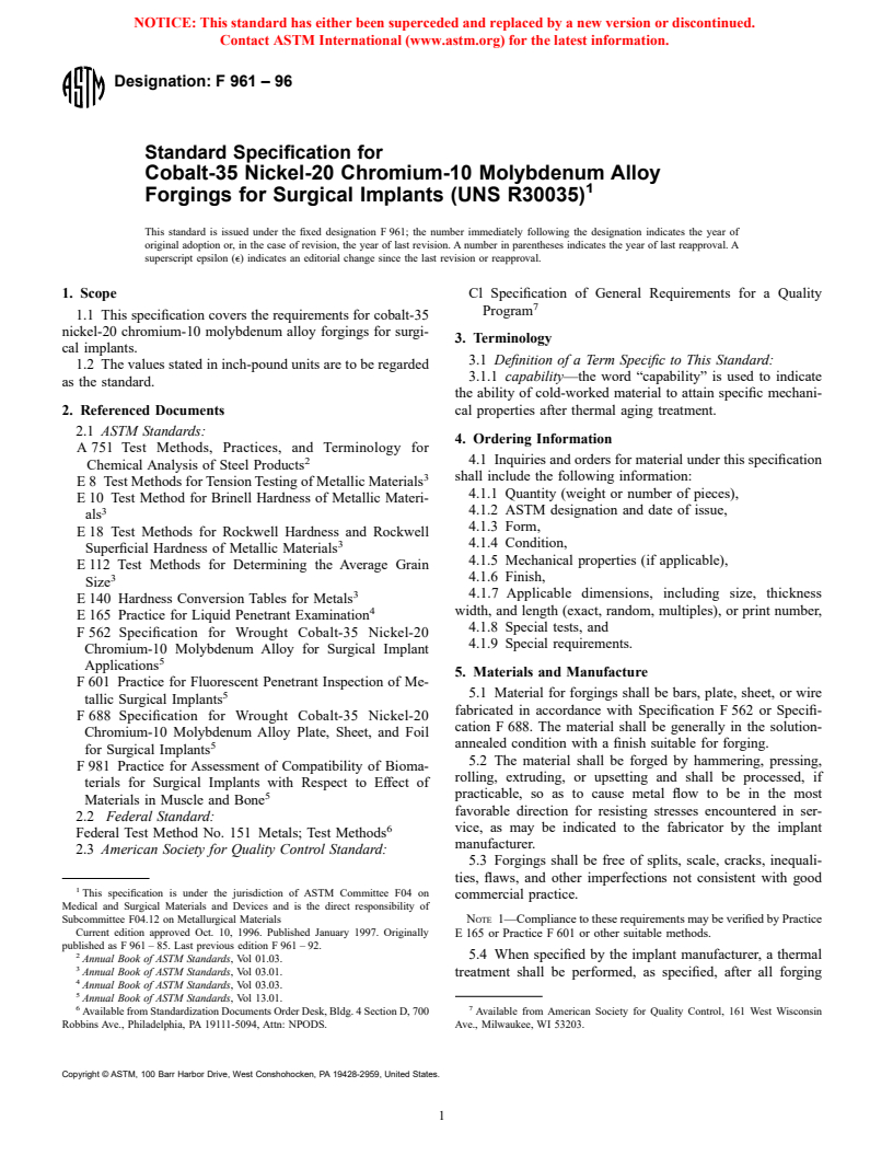 ASTM F961-96 - Standard Specification for Cobalt-35 Nickel-20 Chromium-10 Molybdenum Alloy Forgings for Surgical Implants [UNS R30035]