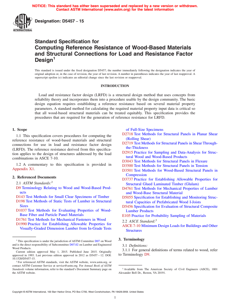 ASTM D5457-15 - Standard Specification for  Computing Reference Resistance of Wood-Based Materials and  Structural Connections for Load and Resistance Factor Design