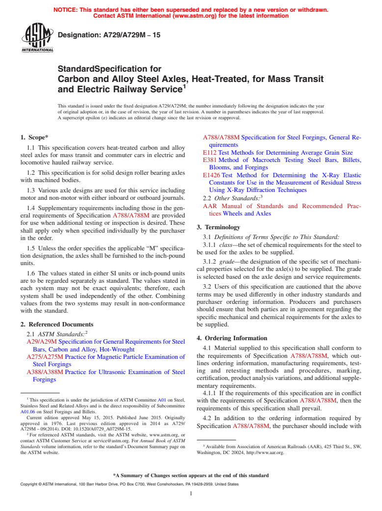 ASTM A729/A729M-15 - Standard Specification for Carbon and Alloy Steel Axles, Heat-Treated, for Mass Transit  and Electric Railway Service