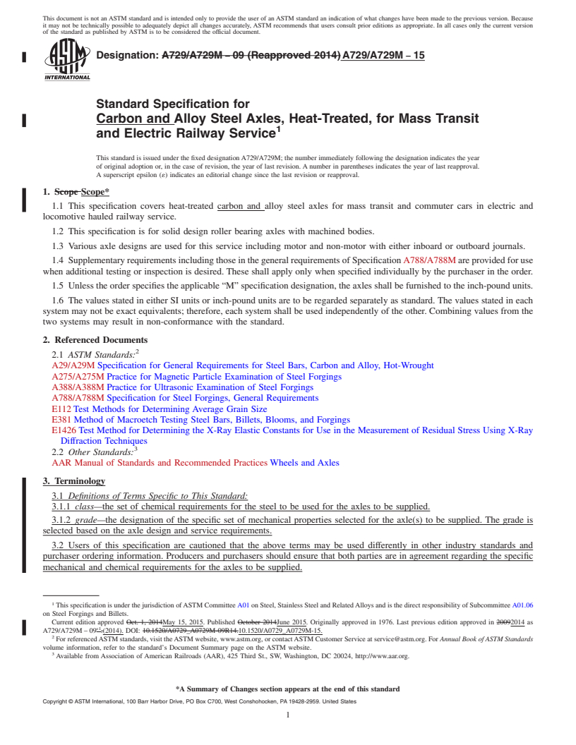 REDLINE ASTM A729/A729M-15 - Standard Specification for Carbon and Alloy Steel Axles, Heat-Treated, for Mass Transit  and Electric Railway Service