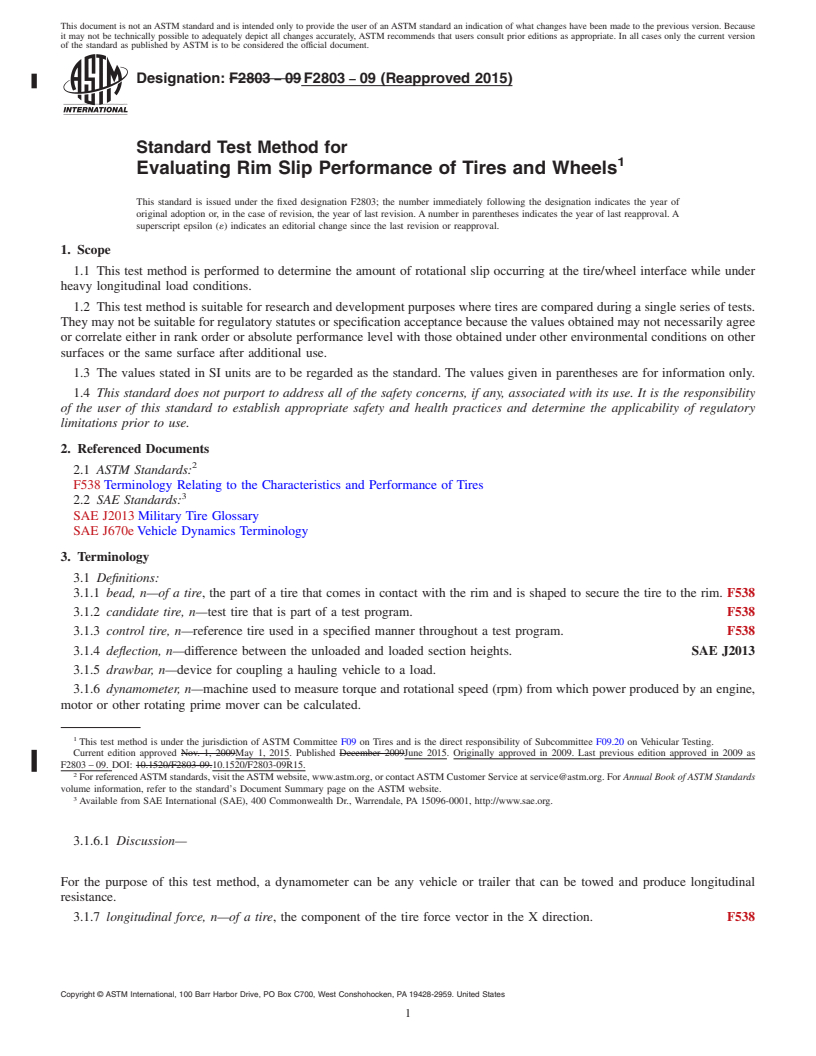 REDLINE ASTM F2803-09(2015) - Standard Test Method for  Evaluating Rim Slip Performance of Tires and Wheels