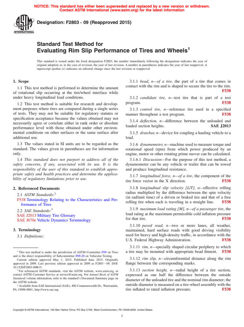 ASTM F2803-09(2015) - Standard Test Method for  Evaluating Rim Slip Performance of Tires and Wheels