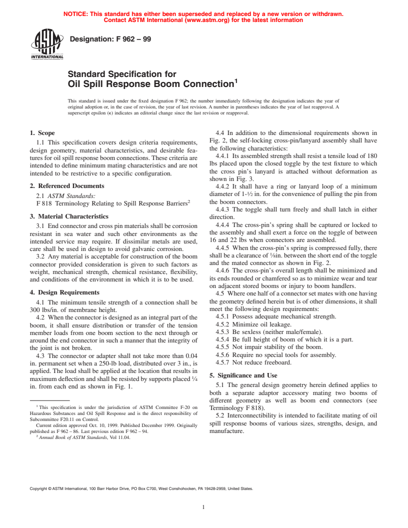 ASTM F962-99 - Standard Specification for Oil Spill Response Boom Connection