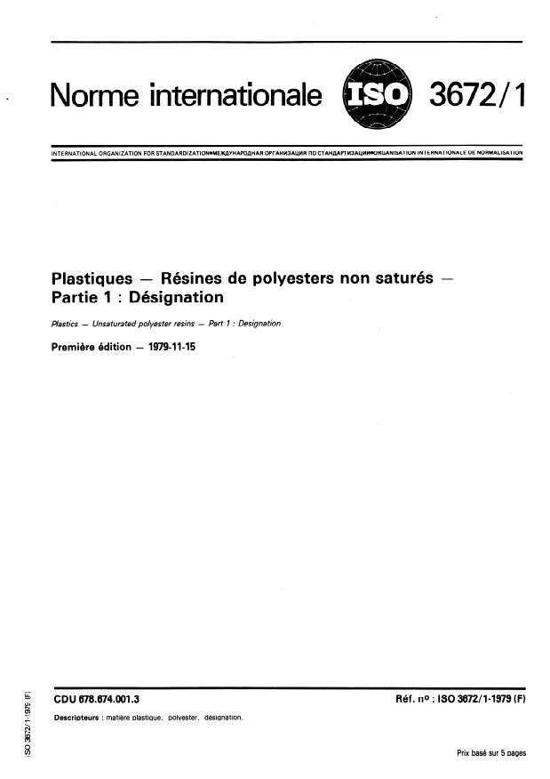 ISO 3672-1:1979 - Plastiques -- Résines de polyesters non saturés