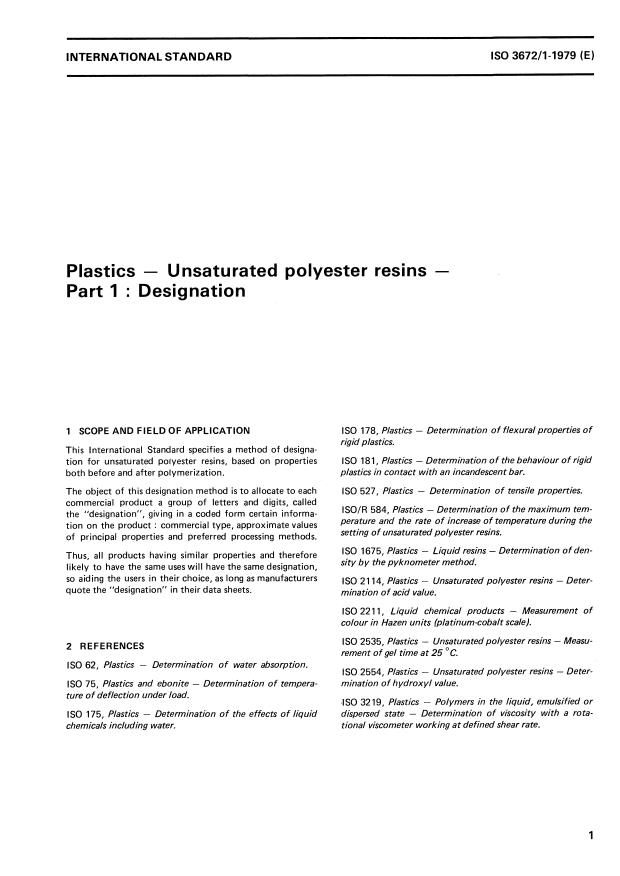 ISO 3672-1:1979 - Plastics -- Unsaturated polyester resins