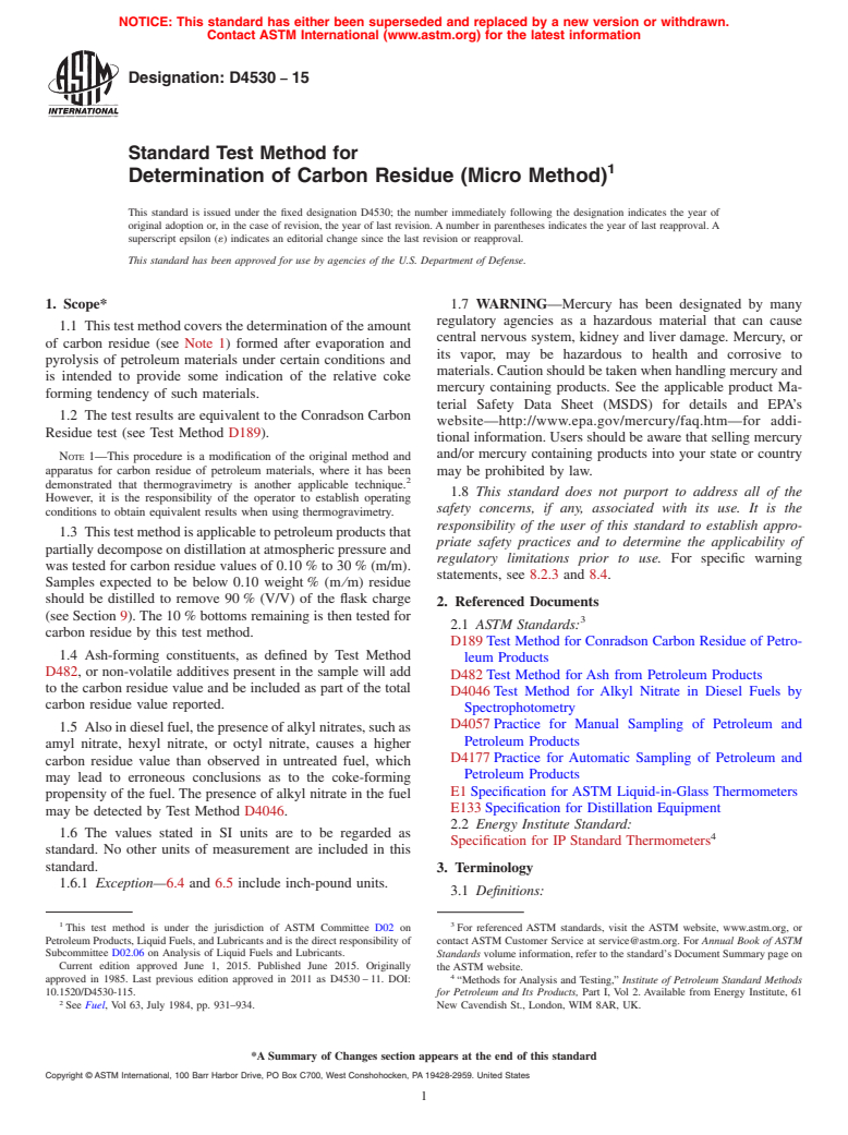 ASTM D4530-15 - Standard Test Method for  Determination of Carbon Residue (Micro Method)