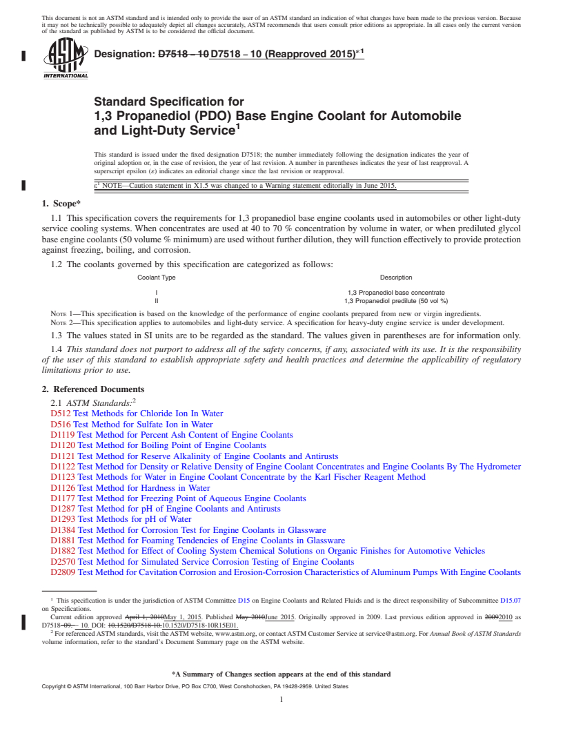 REDLINE ASTM D7518-10(2015)e1 - Standard Specification for 1,3 Propanediol (PDO) Base Engine Coolant for Automobile and  Light-Duty Service