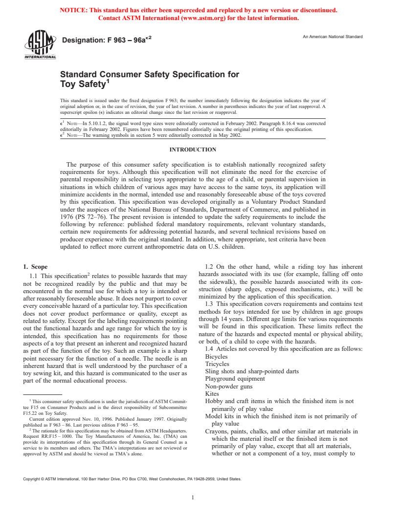 ASTM F963-96ae2 - Standard Consumer Safety Specification for Toy Safety