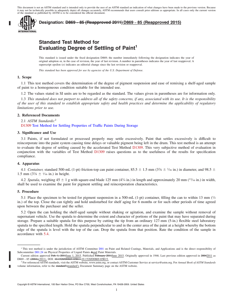 REDLINE ASTM D869-85(2015) - Standard Test Method for Evaluating Degree of Settling of Paint