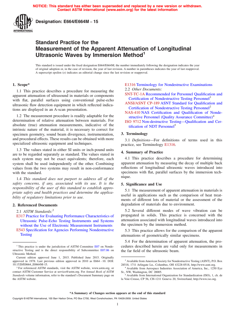 ASTM E664/E664M-15 - Standard Practice for the  Measurement of the Apparent Attenuation of Longitudinal Ultrasonic  Waves by Immersion Method