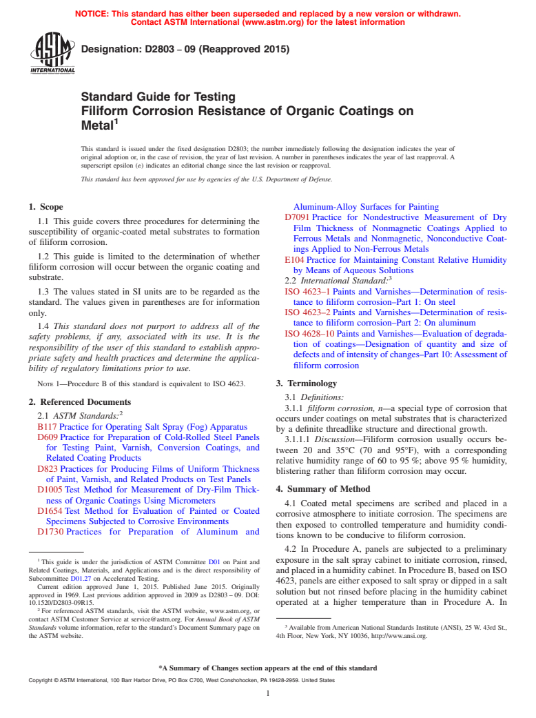 ASTM D2803-09(2015) - Standard Guide for Testing Filiform Corrosion Resistance of Organic Coatings on Metal