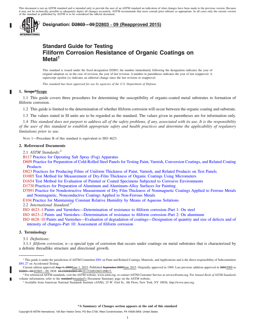 REDLINE ASTM D2803-09(2015) - Standard Guide for Testing Filiform Corrosion Resistance of Organic Coatings on Metal