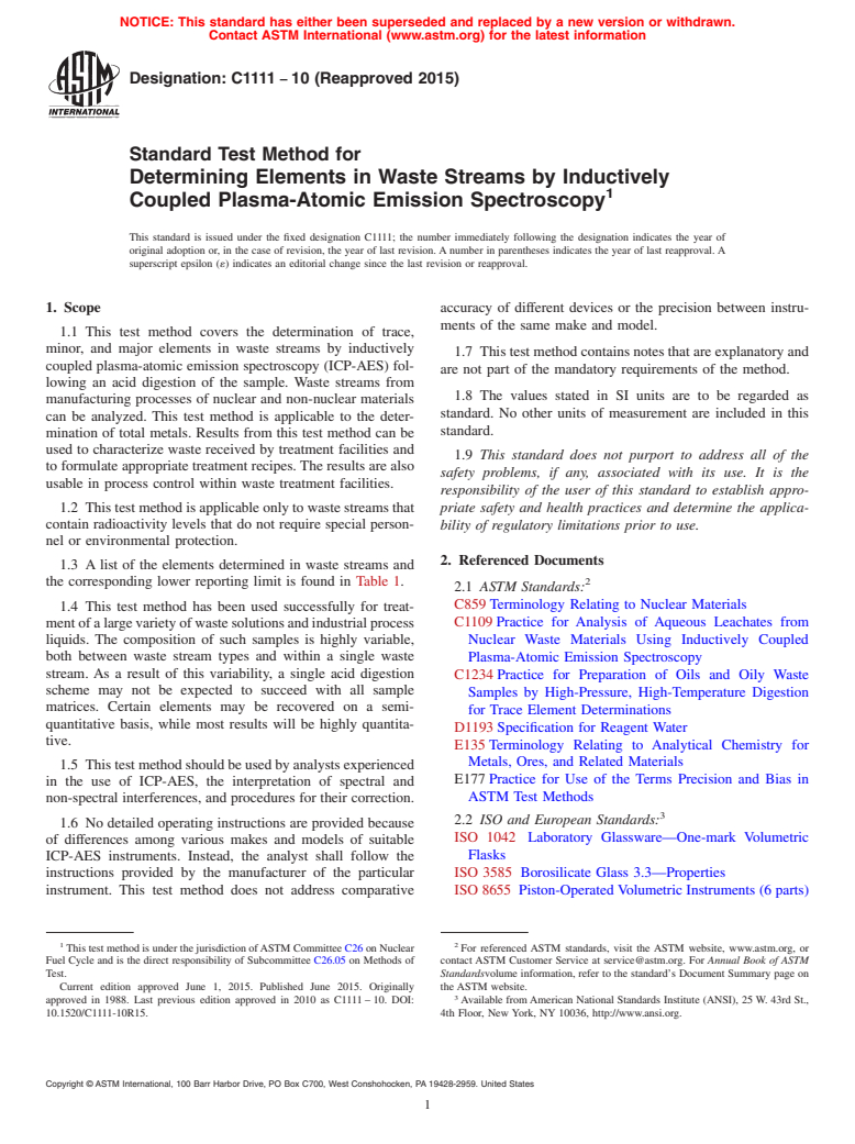 ASTM C1111-10(2015) - Standard Test Method for  Determining Elements in Waste Streams by Inductively Coupled  Plasma-Atomic Emission Spectroscopy