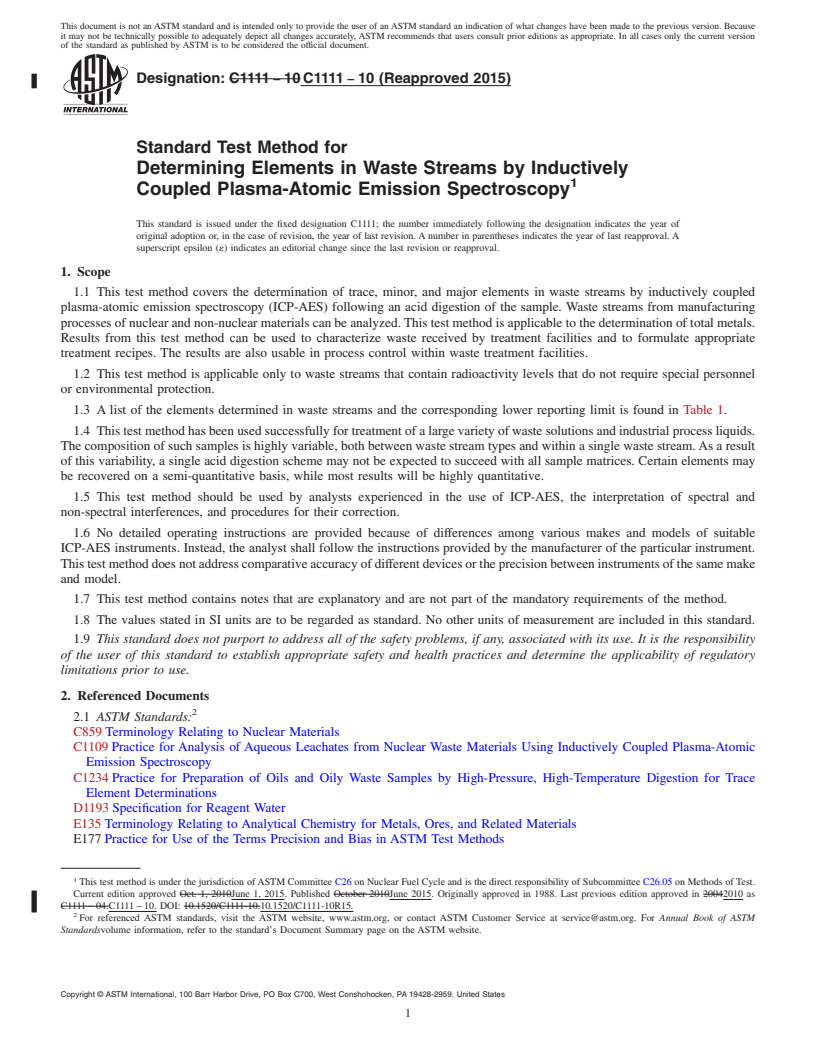 REDLINE ASTM C1111-10(2015) - Standard Test Method for  Determining Elements in Waste Streams by Inductively Coupled  Plasma-Atomic Emission Spectroscopy