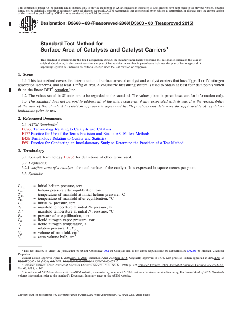 REDLINE ASTM D3663-03(2015) - Standard Test Method for  Surface Area of Catalysts and Catalyst Carriers