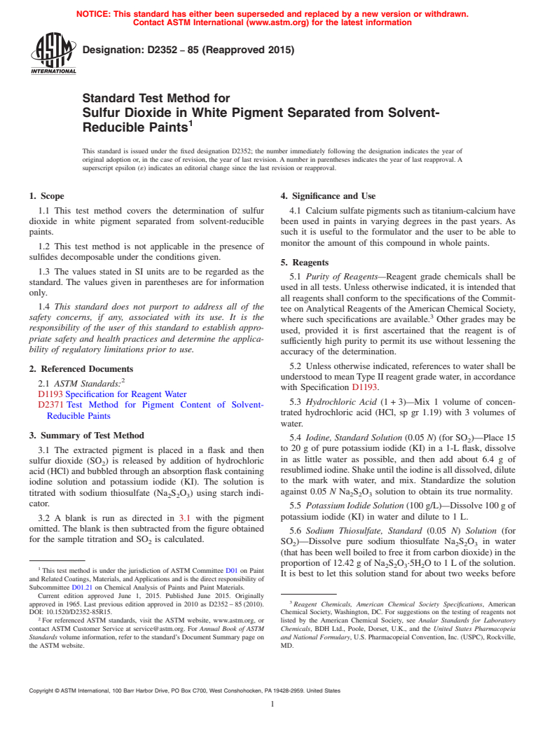 ASTM D235285(2015) Standard Test Method for Sulfur Dioxide in White