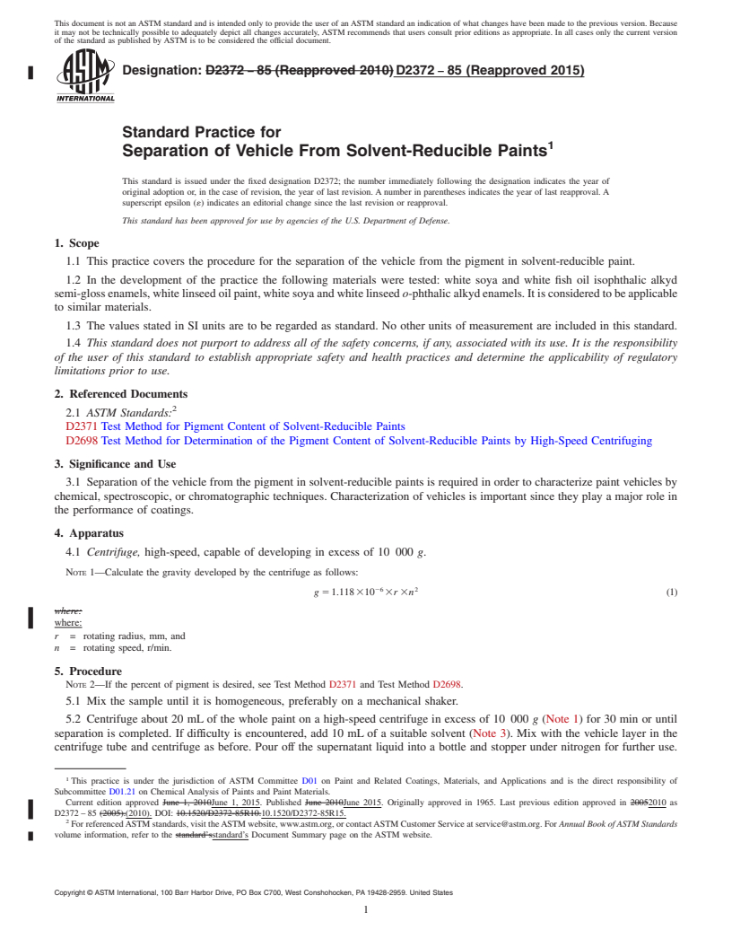 REDLINE ASTM D2372-85(2015) - Standard Practice for Separation of Vehicle From Solvent-Reducible Paints