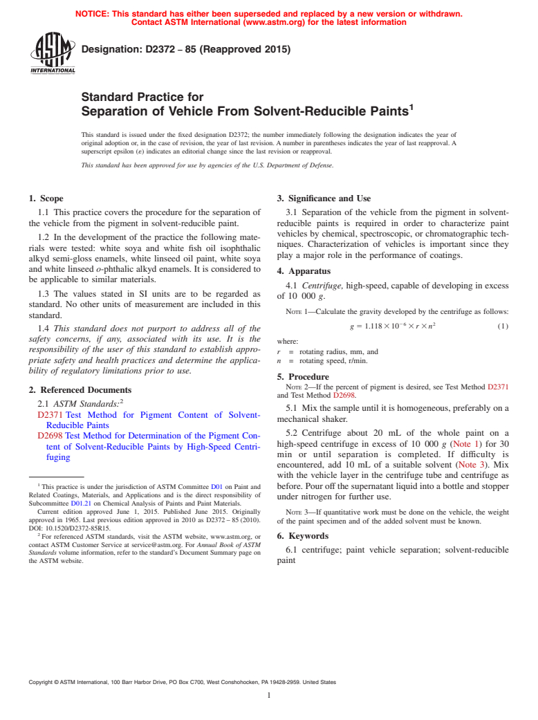 ASTM D2372-85(2015) - Standard Practice for Separation of Vehicle From Solvent-Reducible Paints