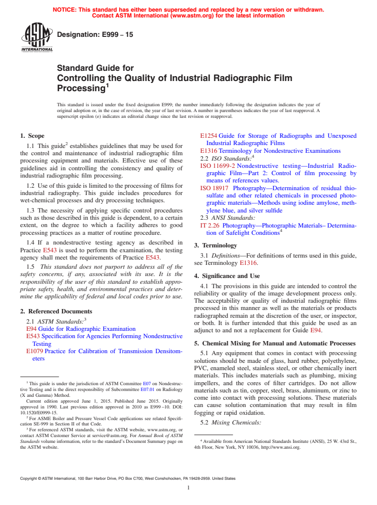 ASTM E999-15 - Standard Guide for  Controlling the Quality of Industrial Radiographic Film Processing