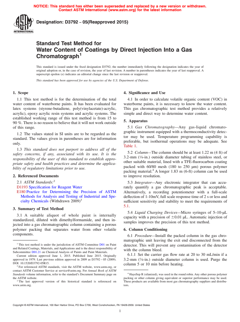 ASTM D3792-05(2015) - Standard Test Method for Water Content of Coatings by Direct Injection Into a Gas Chromatograph