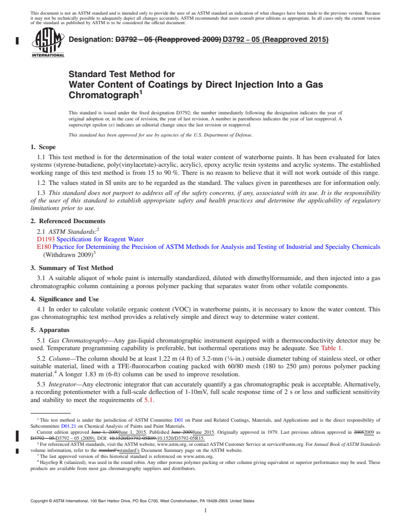 REDLINE ASTM D3792-05(2015) - Standard Test Method for Water Content of Coatings by Direct Injection Into a Gas Chromatograph