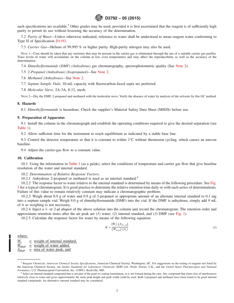 REDLINE ASTM D3792-05(2015) - Standard Test Method for Water Content of Coatings by Direct Injection Into a Gas Chromatograph