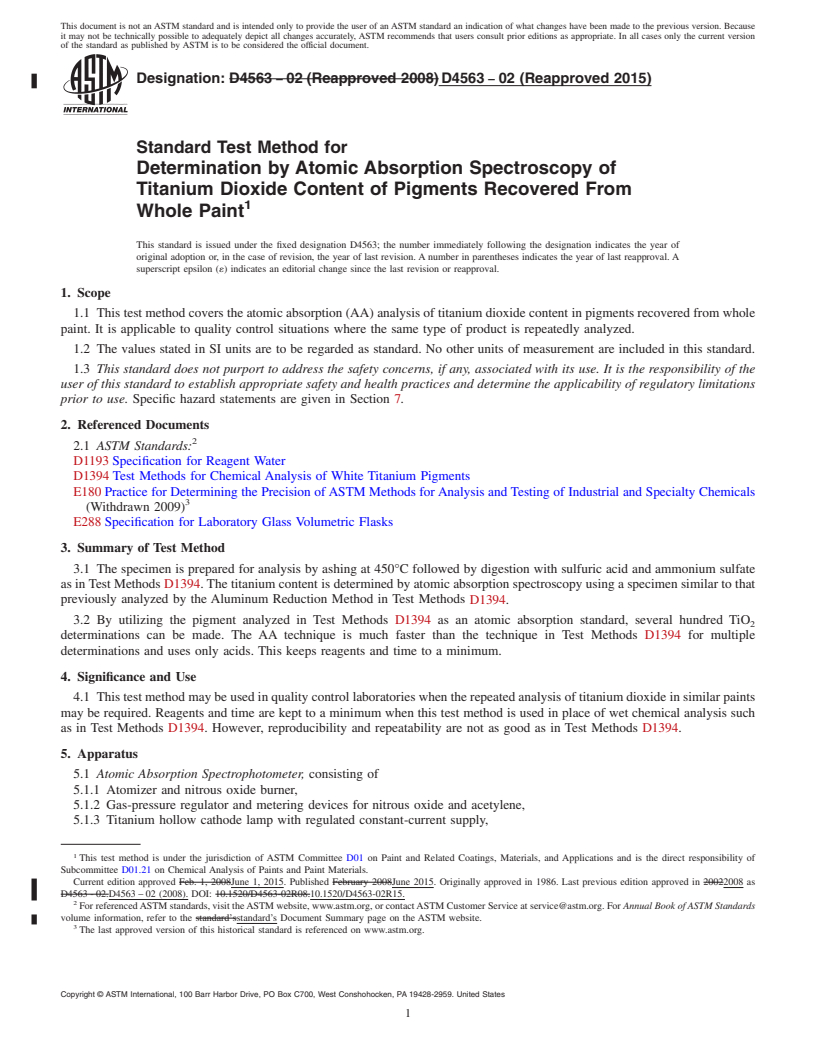 REDLINE ASTM D4563-02(2015) - Standard Test Method for Determination by Atomic Absorption Spectroscopy of Titanium   Dioxide   Content of Pigments Recovered From Whole Paint