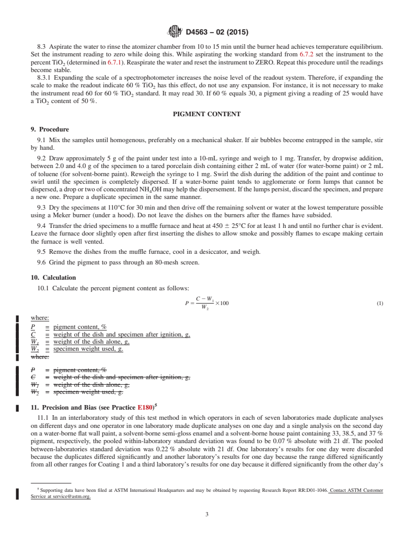 REDLINE ASTM D4563-02(2015) - Standard Test Method for Determination by Atomic Absorption Spectroscopy of Titanium   Dioxide   Content of Pigments Recovered From Whole Paint