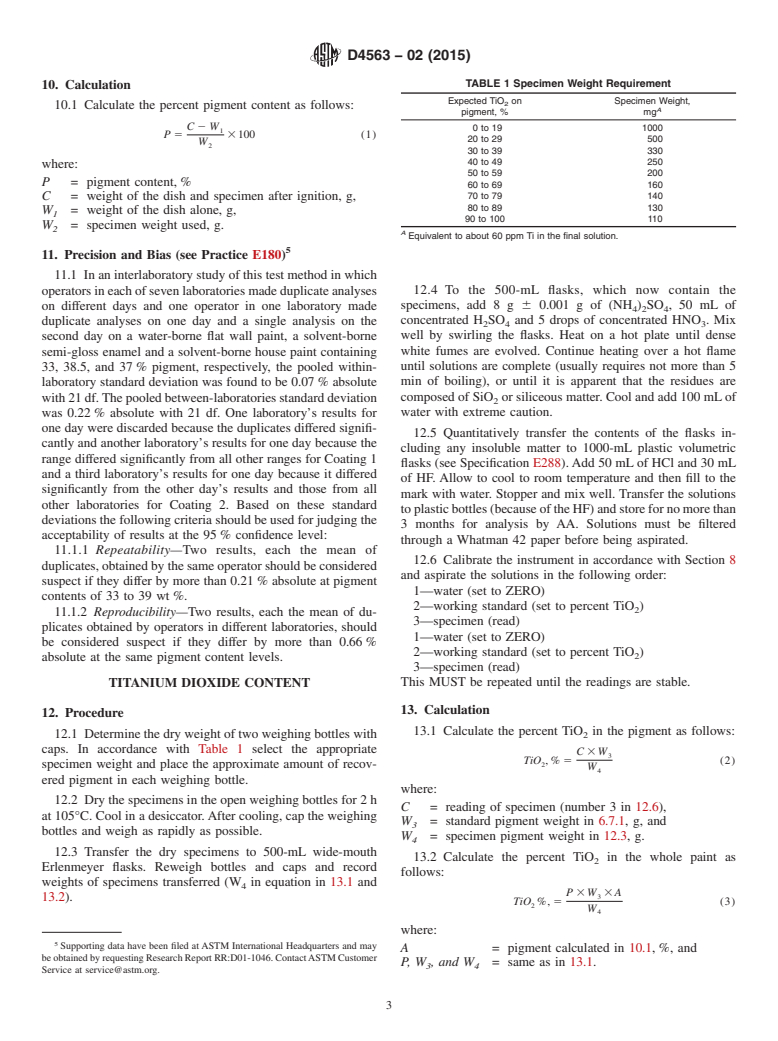 ASTM D4563-02(2015) - Standard Test Method for Determination by Atomic Absorption Spectroscopy of Titanium   Dioxide   Content of Pigments Recovered From Whole Paint