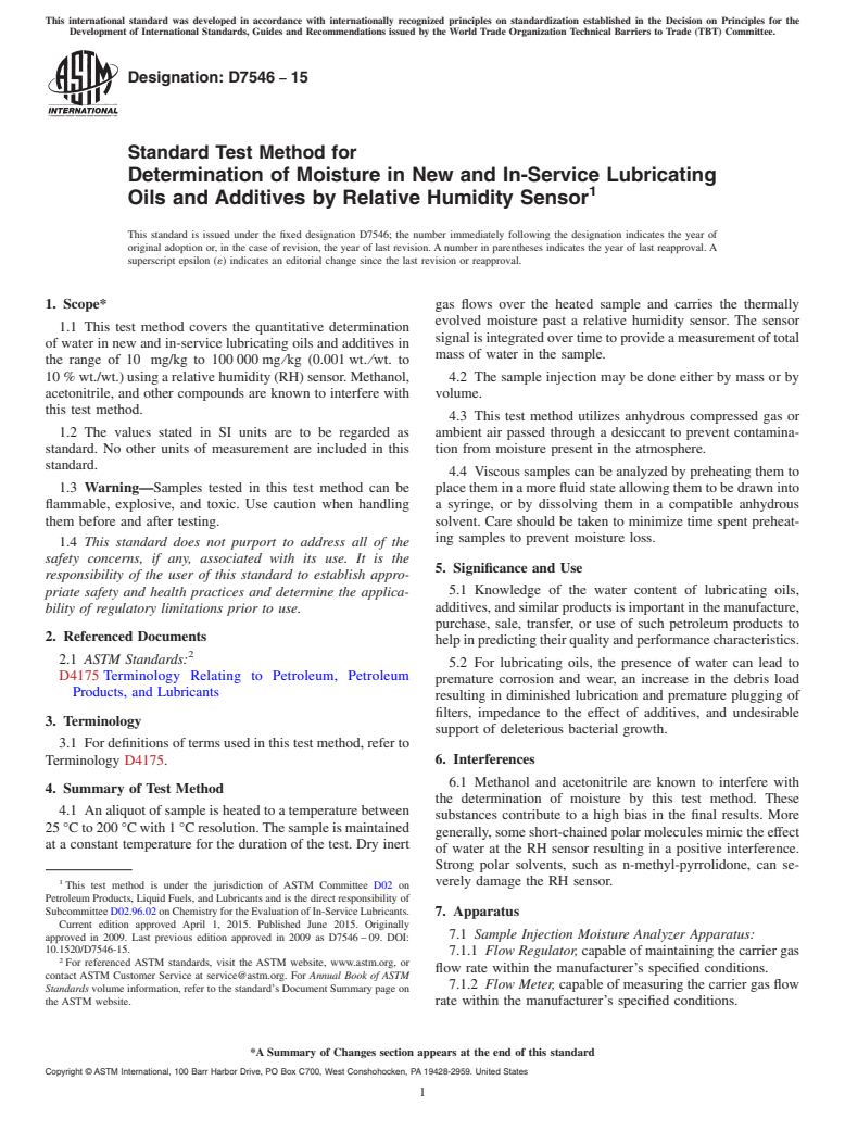 ASTM D7546-15 - Standard Test Method for  Determination of Moisture in New and In-Service Lubricating  Oils and Additives by Relative Humidity Sensor