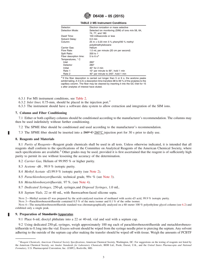 REDLINE ASTM D6438-05(2015) - Standard Test Method for  Acetone, Methyl Acetate, and Parachlorobenzotrifluoride Content   of  Paints, and Coatings by Solid Phase Microextraction-Gas Chromatography