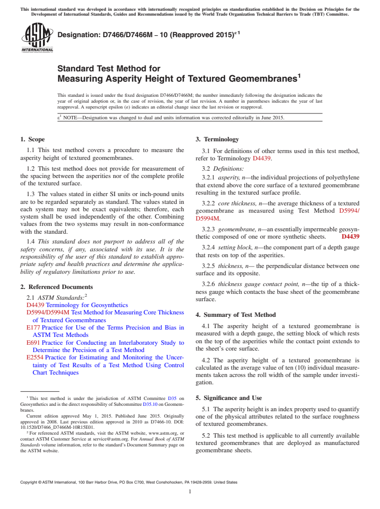 ASTM D7466/D7466M-10(2015)e1 - Standard Test Method for Measuring Asperity Height of Textured Geomembranes