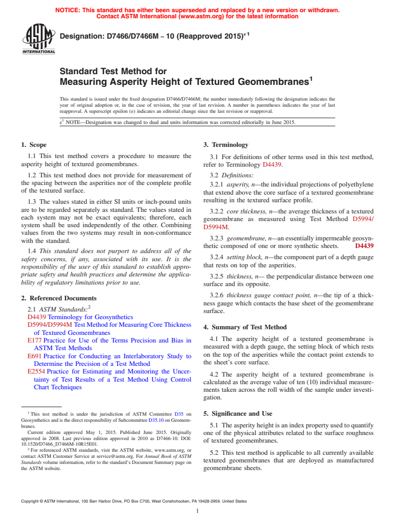 ASTM D7466/D7466M-10(2015)e1 - Standard Test Method for Measuring Asperity Height of Textured Geomembranes