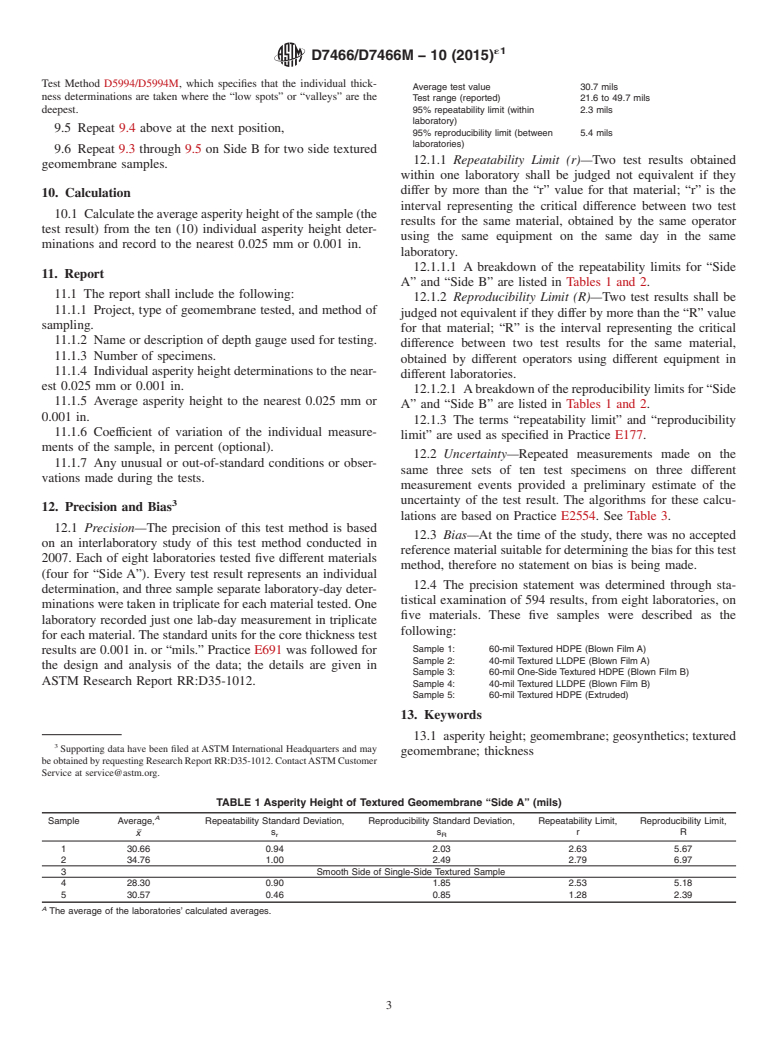 ASTM D7466/D7466M-10(2015)e1 - Standard Test Method for Measuring Asperity Height of Textured Geomembranes