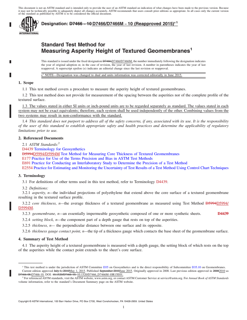 REDLINE ASTM D7466/D7466M-10(2015)e1 - Standard Test Method for Measuring Asperity Height of Textured Geomembranes