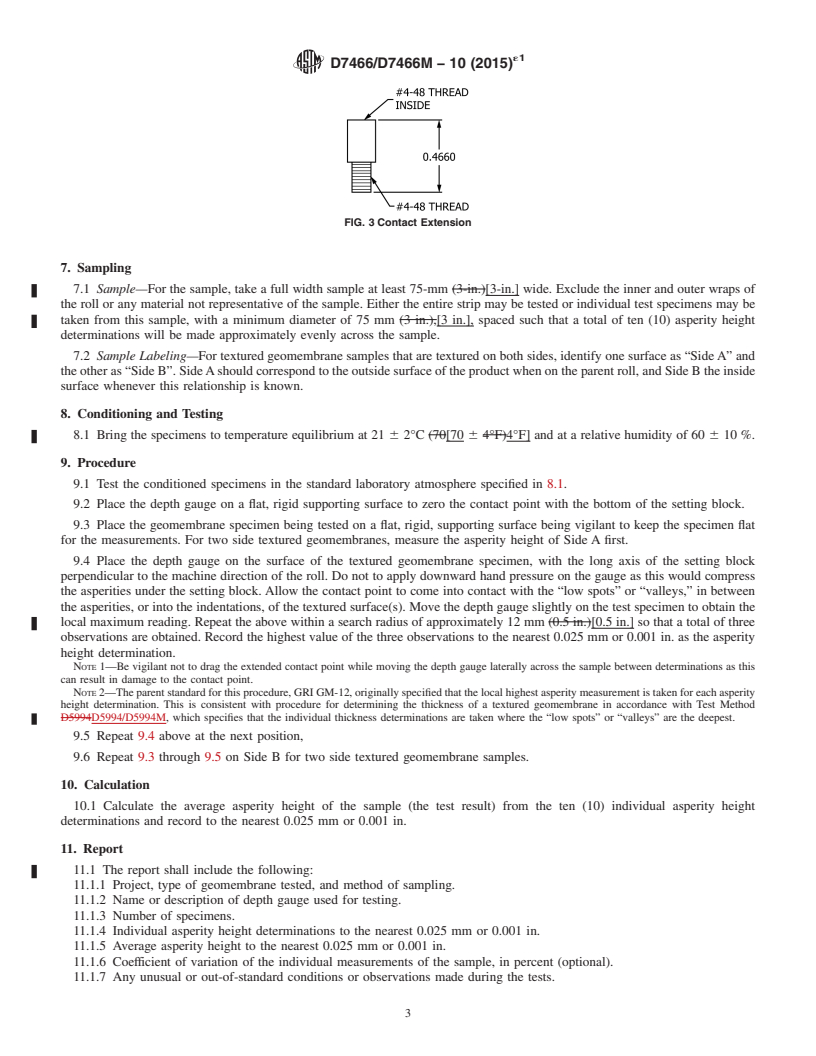 REDLINE ASTM D7466/D7466M-10(2015)e1 - Standard Test Method for Measuring Asperity Height of Textured Geomembranes