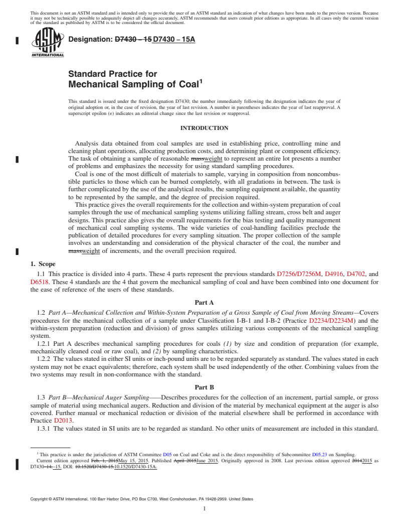 REDLINE ASTM D7430-15a - Standard Practice for  Mechanical Sampling of Coal