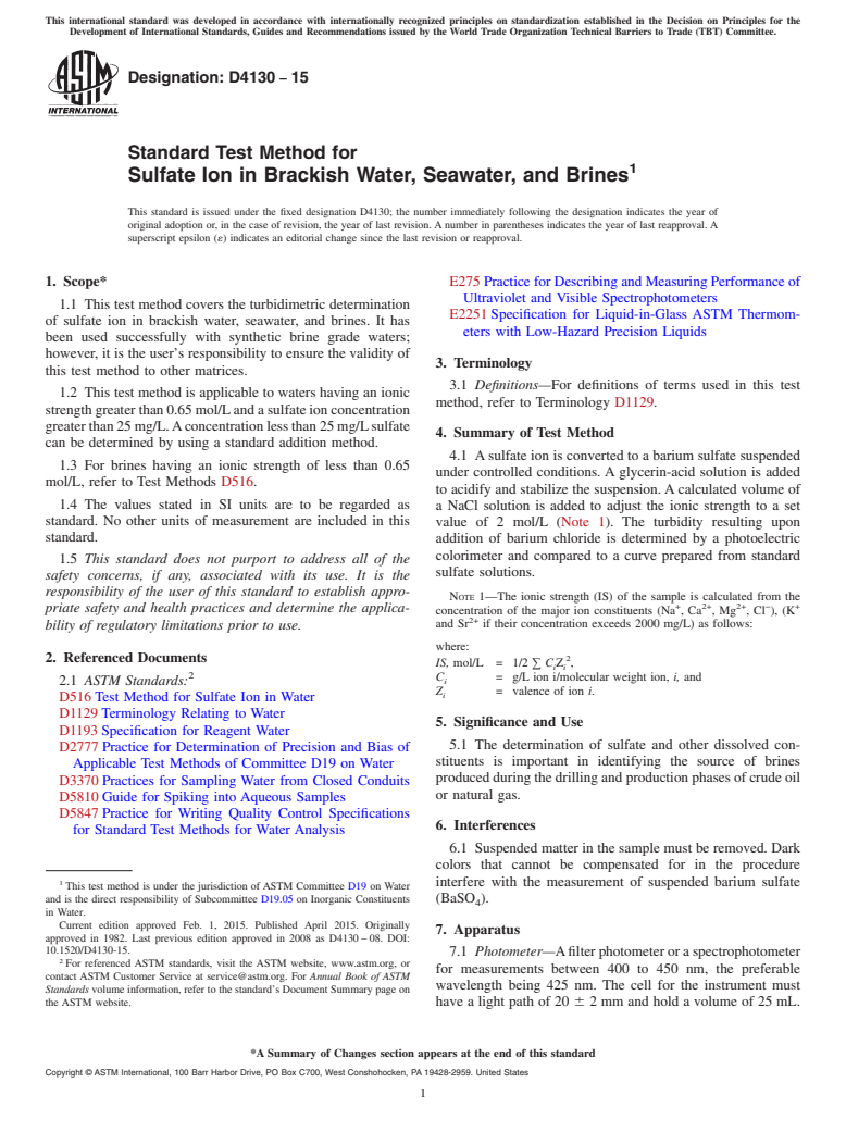 ASTM D4130-15 - Standard Test Method for  Sulfate Ion in Brackish Water, Seawater, and Brines