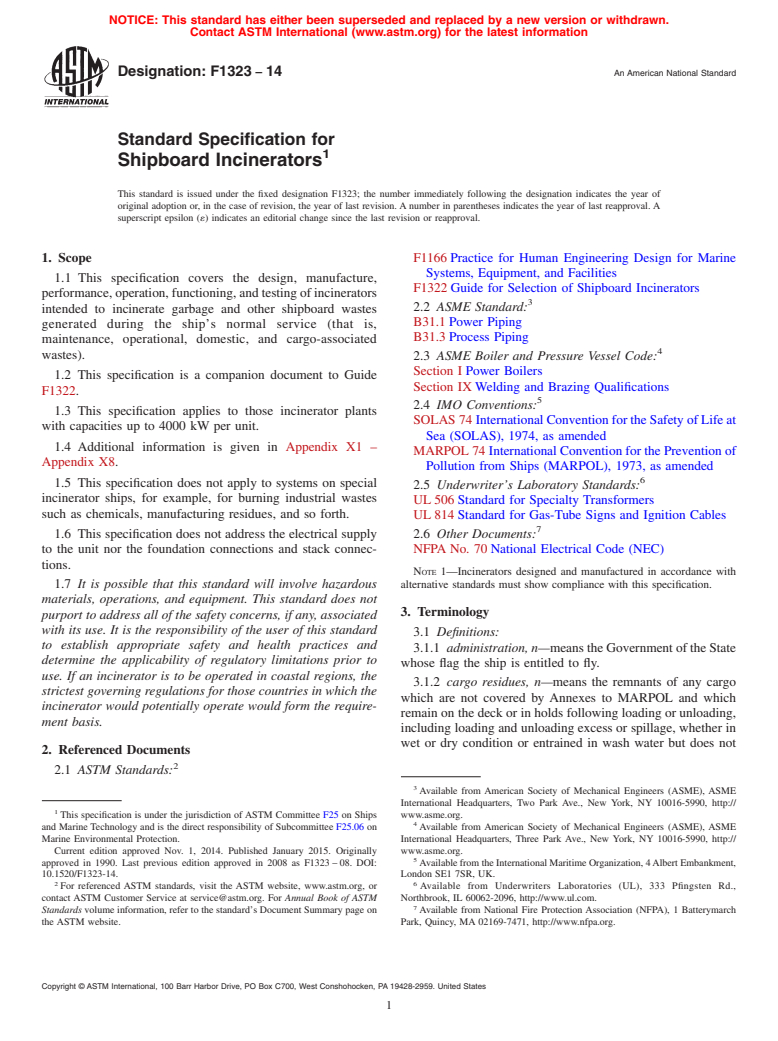 ASTM F1323-14 - Standard Specification for  Shipboard Incinerators