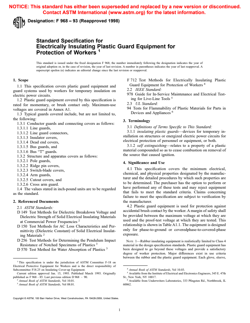 ASTM F968-93(1998) - Standard Specification for Electrically Insulating Plastic Guard Equipment for Protection of Workers