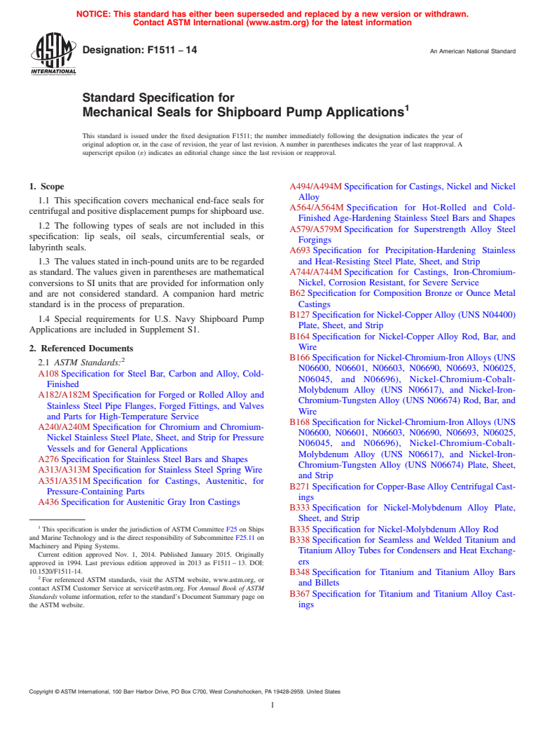 ASTM F1511-14 - Standard Specification for  Mechanical Seals for Shipboard Pump Applications