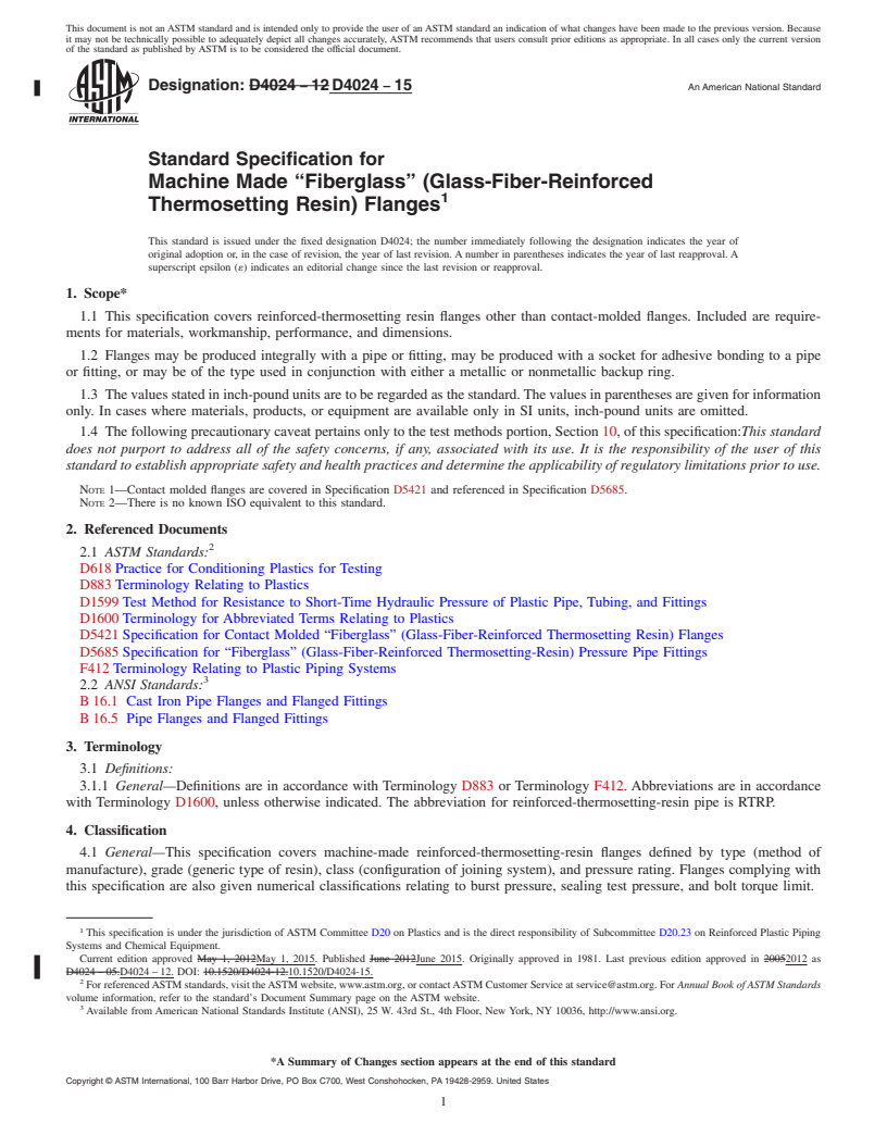 REDLINE ASTM D4024-15 - Standard Specification for  Machine Made &ldquo;Fiberglass&rdquo; (Glass-Fiber-Reinforced  Thermosetting Resin) Flanges