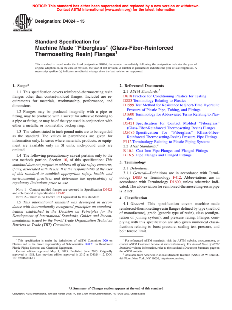 ASTM D4024-15 - Standard Specification for  Machine Made &ldquo;Fiberglass&rdquo; (Glass-Fiber-Reinforced  Thermosetting Resin) Flanges