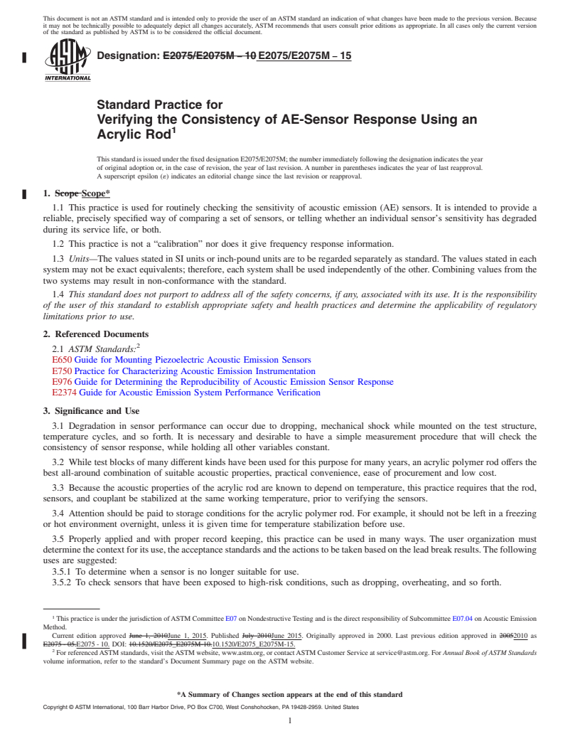 REDLINE ASTM E2075/E2075M-15 - Standard Practice for  Verifying the Consistency of AE-Sensor Response Using an Acrylic  Rod