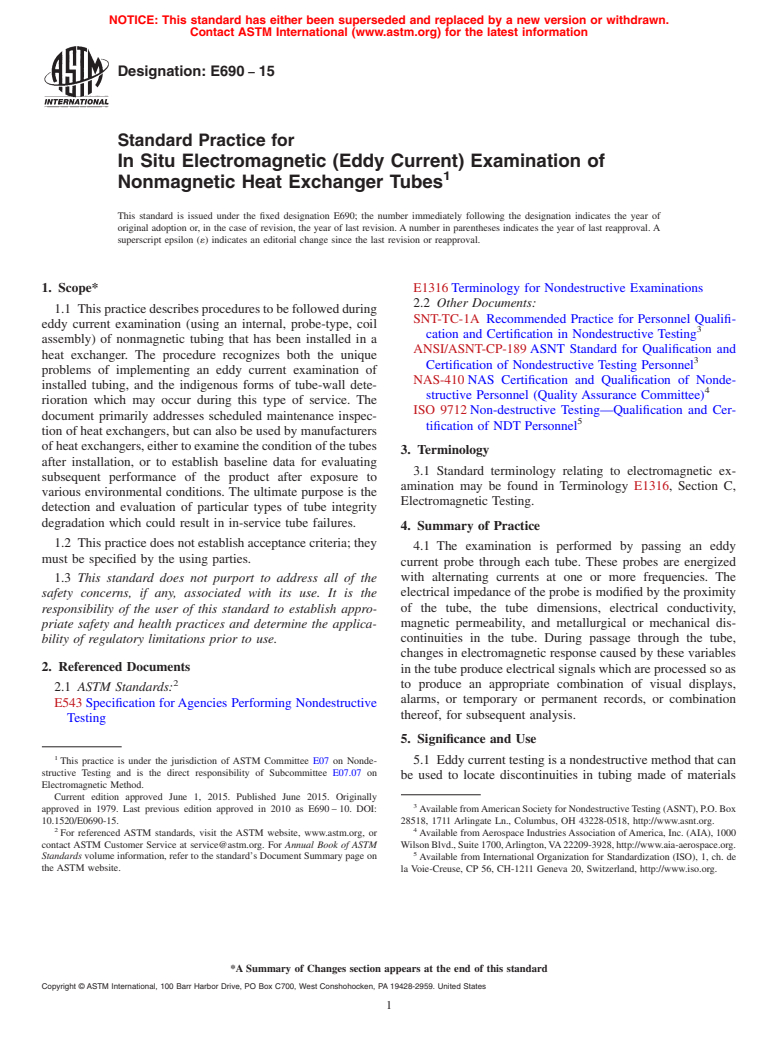 ASTM E690-15 - Standard Practice for  In Situ Electromagnetic (Eddy Current) Examination of Nonmagnetic  Heat Exchanger Tubes
