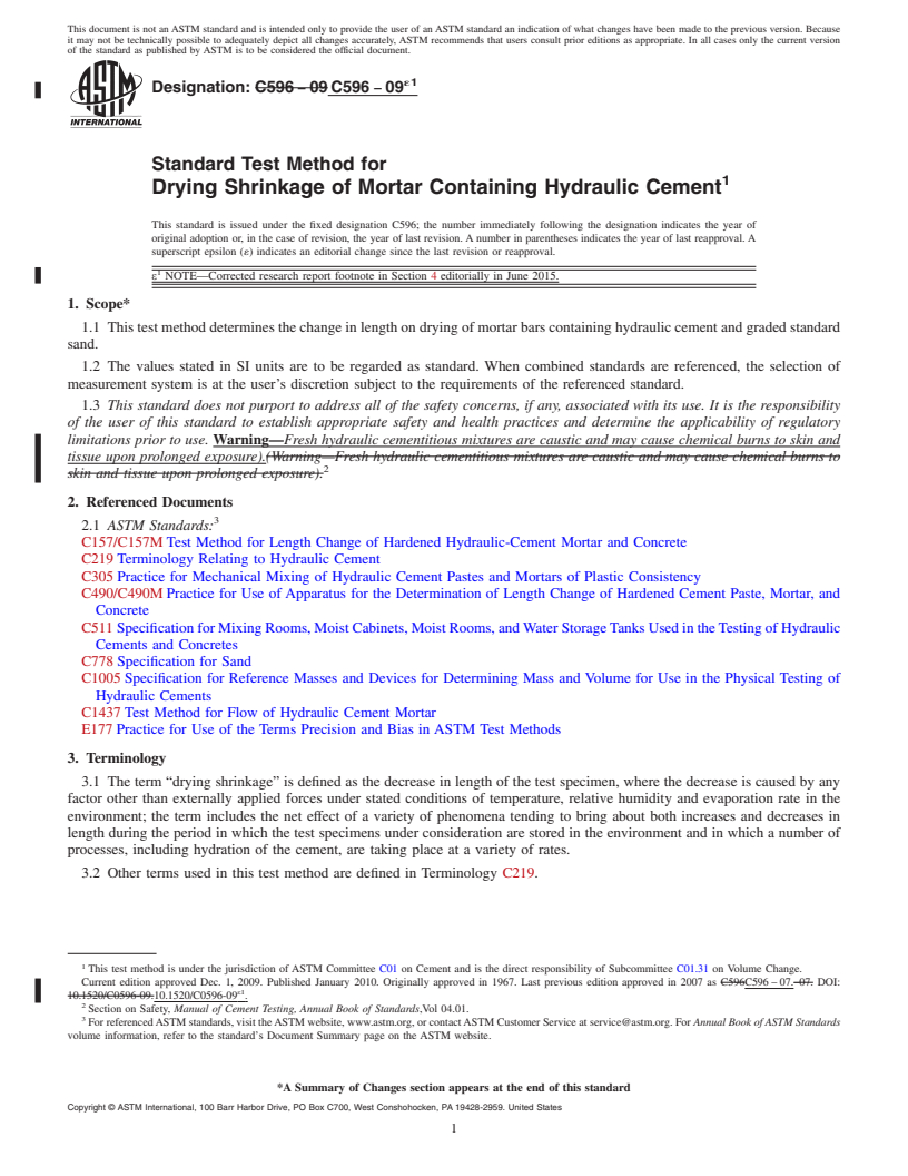 REDLINE ASTM C596-09e1 - Standard Test Method for  Drying Shrinkage of Mortar Containing Hydraulic Cement