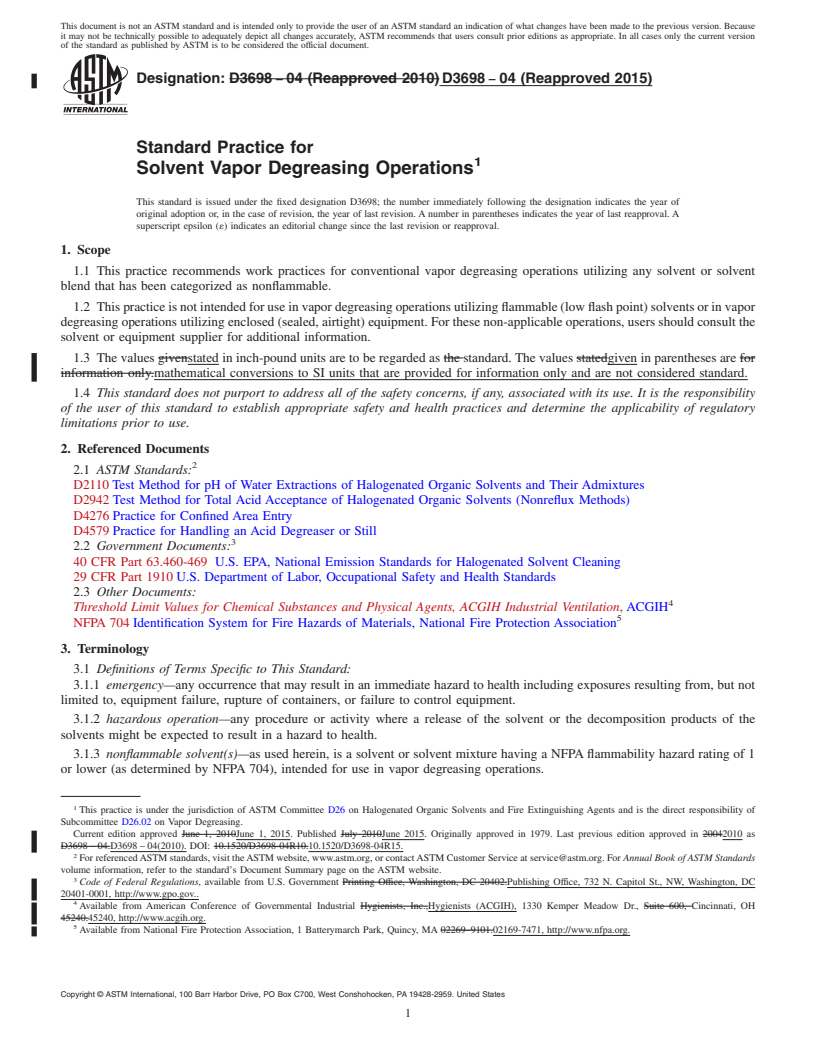 REDLINE ASTM D3698-04(2015) - Standard Practice for Solvent Vapor Degreasing Operations