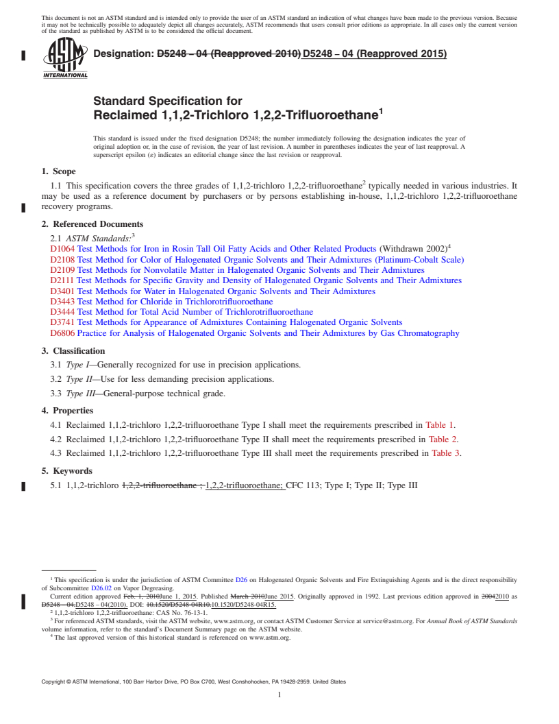 REDLINE ASTM D5248-04(2015) - Standard Specification for Reclaimed 1,1,2-Trichloro 1,2,2-Trifluoroethane