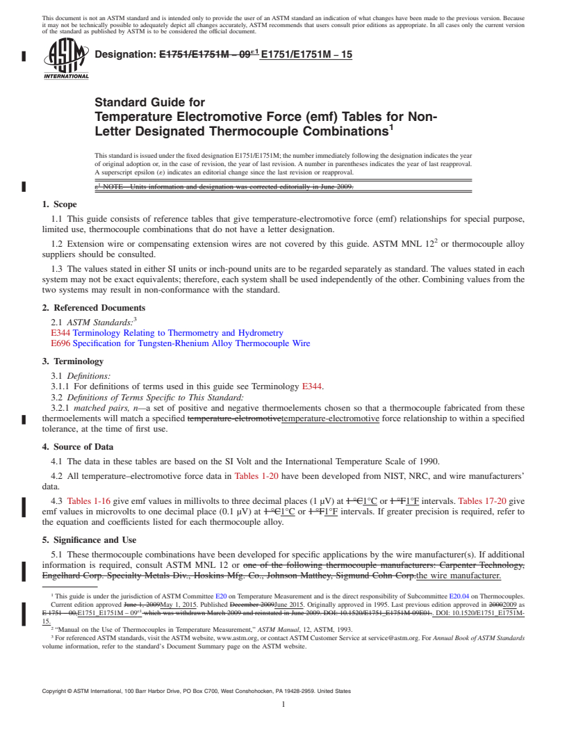 REDLINE ASTM E1751/E1751M-15 - Standard Guide for  Temperature Electromotive Force (emf) Tables for Non-Letter   Designated Thermocouple Combinations