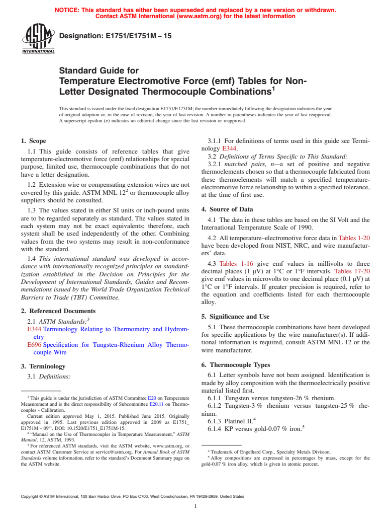 ASTM E1751/E1751M-15 - Standard Guide for  Temperature Electromotive Force (emf) Tables for Non-Letter   Designated Thermocouple Combinations